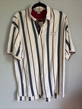 Vintage Izod Men’s Cream Polo with Black and Burgundy Vertical Stripes Size M